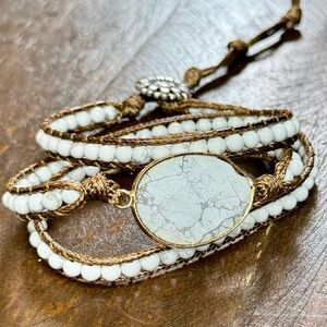 White & Gray Marbled Beads with Golden Brown Wrap Bracelet or Necklace